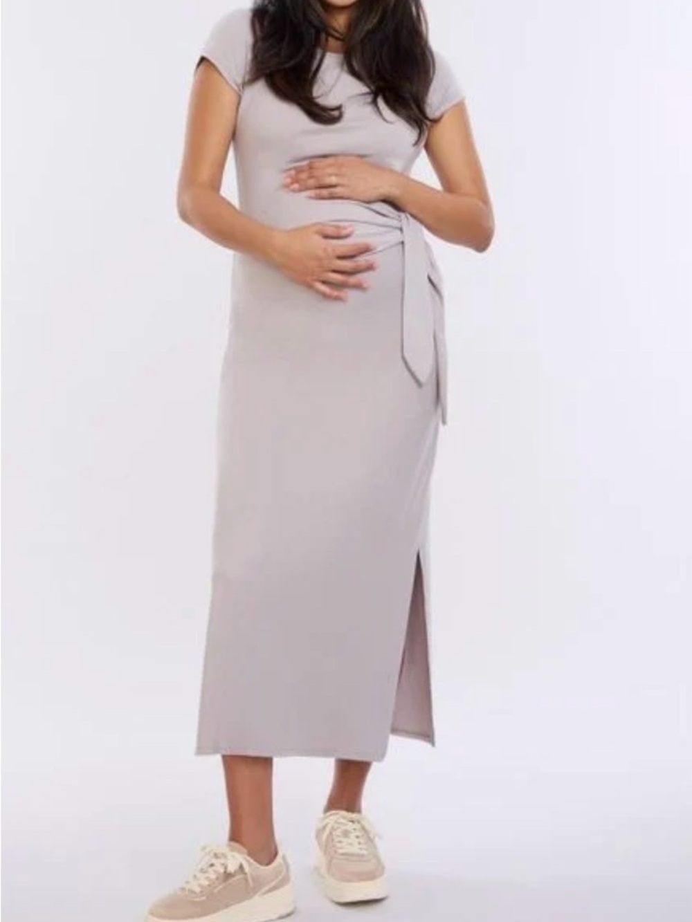 Motherhood Maternity Light Gray Tie-Waist Midi Dress